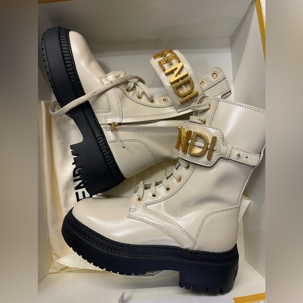 Fendi Logo Leather Lug-Sole Combat Boots